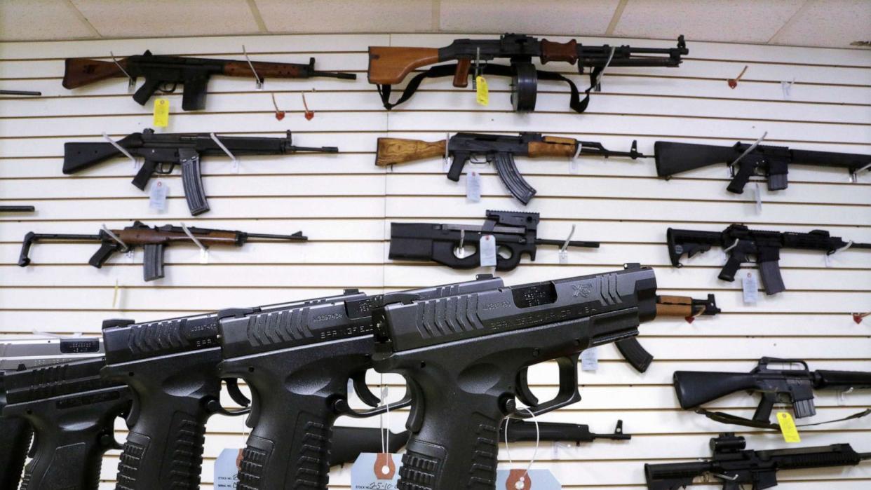 PHOTO: Assault weapons and hand guns are seen for sale at Capitol City Arms Supply on Jan. 16, 2013, in Springfield, Ill. (Seth Perlman/AP, FILE)