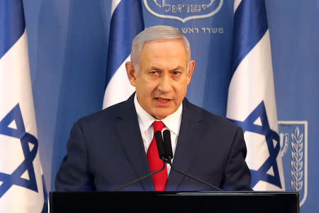 Israel's Prime Minister Benjamin Netanyahu delivers a statement to the members of the media in Tel Aviv, Israel November 18, 2018. REUTERS/Corinna Kern