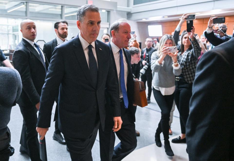 Hunter Biden arrives with attorney Abbe Lowell at the O’Neill House Office Building for a closed-door deposition (AFP via Getty Images)