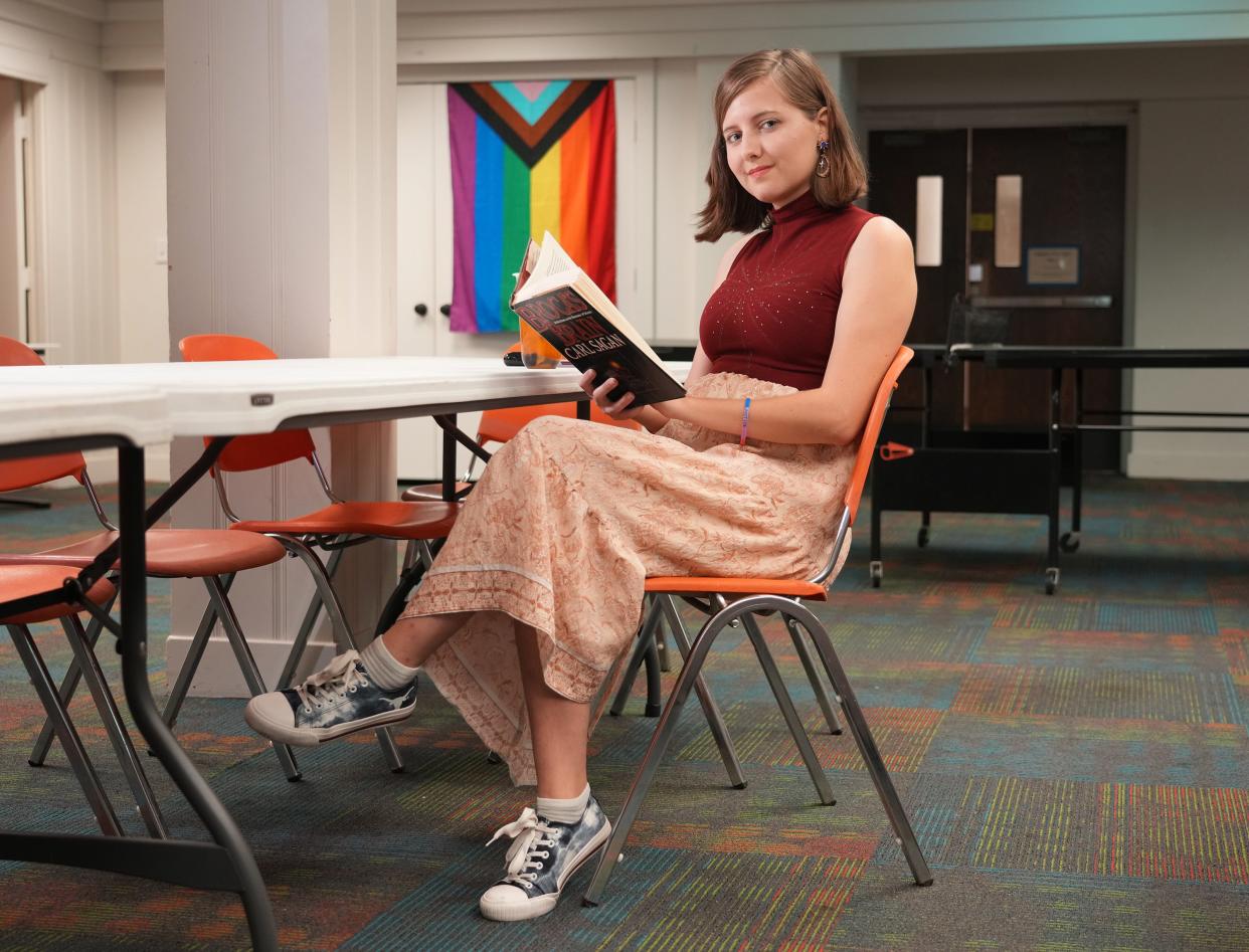 University of Texas student Alexa Morton at the Labyrinth Progressive Student Ministry lounge next to the UT campus on Sunday June 25, 2023.