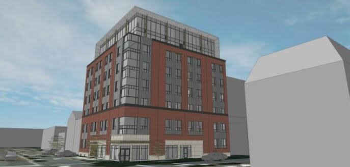 A rendering of the proposed eight-storey, 85-unit apartment building on Great George Street in Charlottetown.