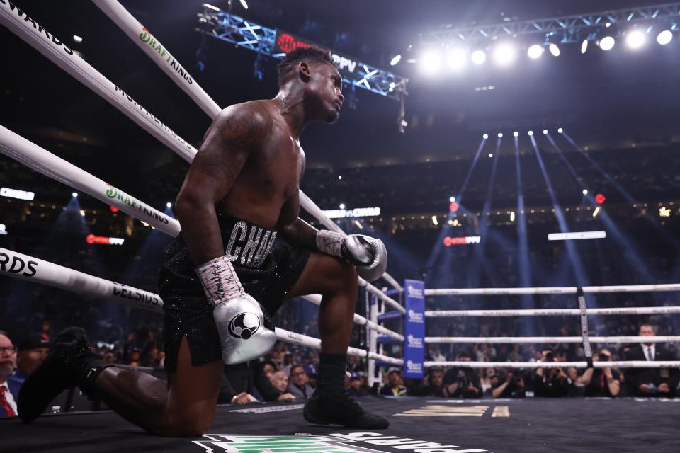 Jermell Charlo was dropped to a knee in Round 7 against Canelo Alvarez (EPA)