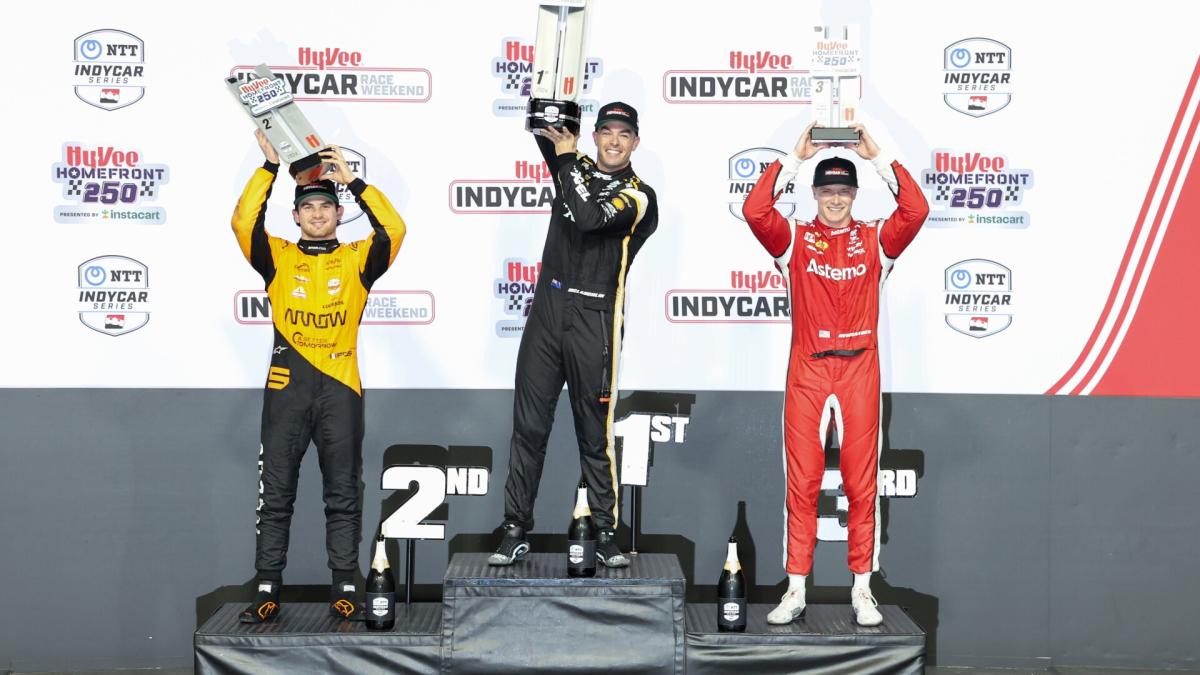 IndyCar’s Josef Newgarden used the slippery high line to drive from 22nd to third at Iowa Speedway