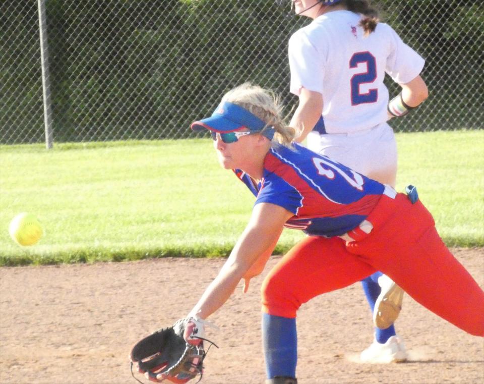 Lakewood junior second baseman Audrey Thomas charges in an attempt to catch a short bloop against Highland during a Division II district semifinal at Olentangy on Monday, May 16, 2022. The Lancers won 8-2 to set up a district final rematch with Jonathan Alder.