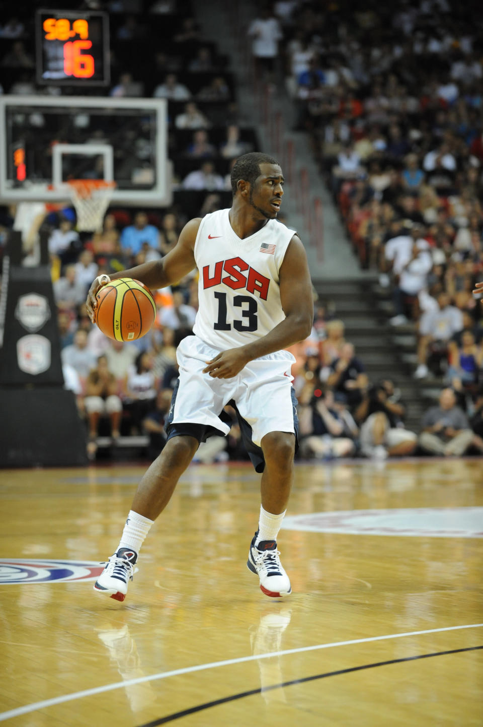 Chris Paul #13 of the US Men's Senior National Team looks to pass against the Dominican Republic during an exhibition game at the Thomas and Mack Center on July 12, 2012 in Las Vegas, Nevada. (Noah Graham/NBAE via Getty Images)
