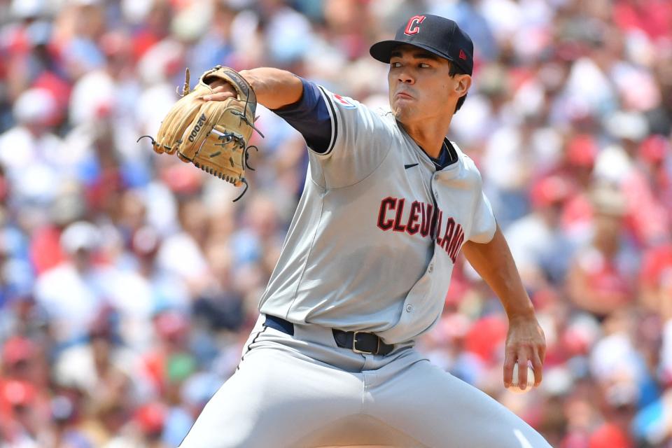 Jul 28, 2024; Philadelphia, Pennsylvania, USA; Cleveland Guardians starting pitcher Joey Cantillo (54) throws a pitch against the Philadelphia Phillies during the first inning at Citizens Bank Park. Mandatory Credit: Eric Hartline-USA TODAY Sports