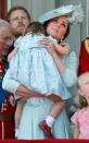 Catherine, Princess of Wales and Princess Charlotte of Wales stand on the balcony of Buckingham Palace during Trooping The Colour 2018 on June 9, 2018 in London, England.