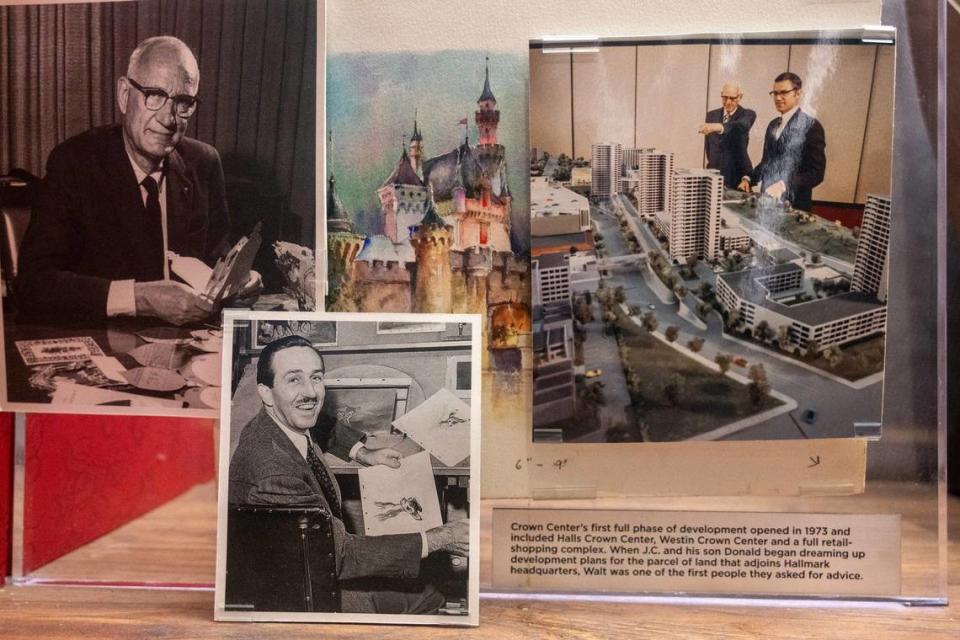 The exhibit “J.C. & Walt — A Lasting Partnership” at the Hallmark Visitors Center features photos of Hallmark founder Joyce Hall, left, Walt Disney, and Hall and his son Donald Hall with a model of the new Crown Center.