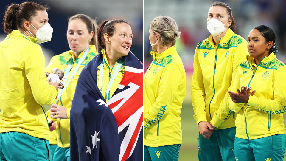 Tahlia McGrath, pictured here wearing a mask as she celebrated Australia's cricket gold medal at the Commonwealth Games.