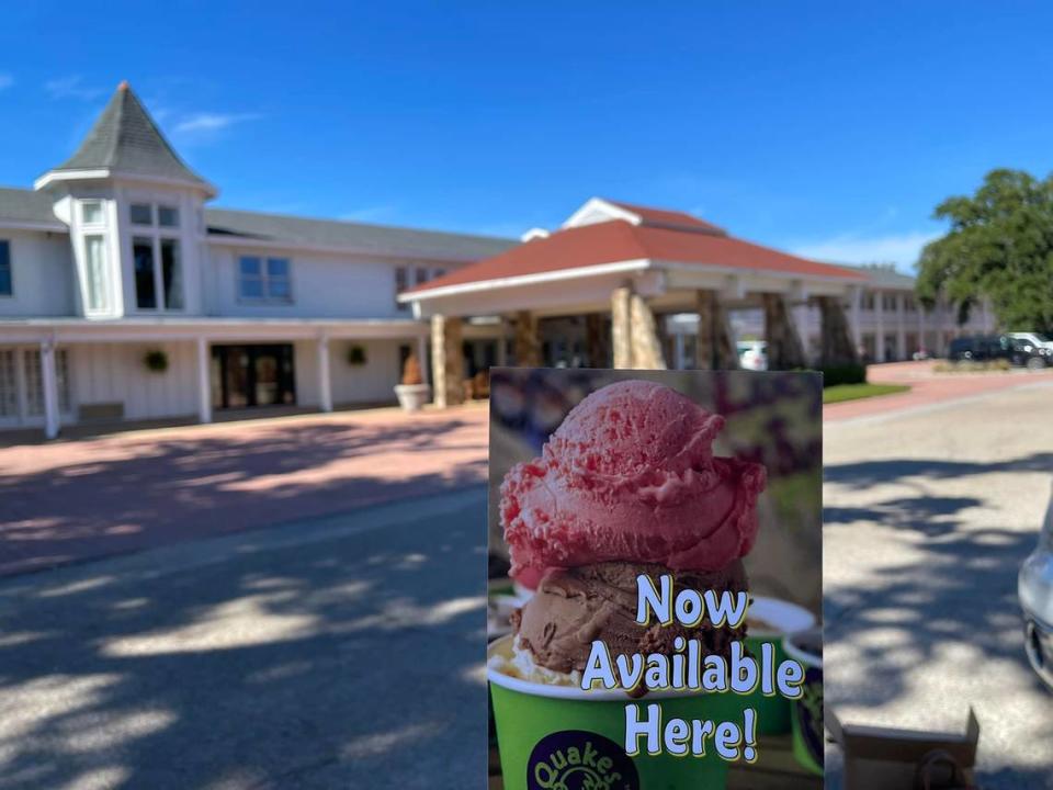 A Quakes sold here sign shows the collaboration between Gulf Hills Hotel & Resort and Quakes Ice Creamery in Ocean Springs.