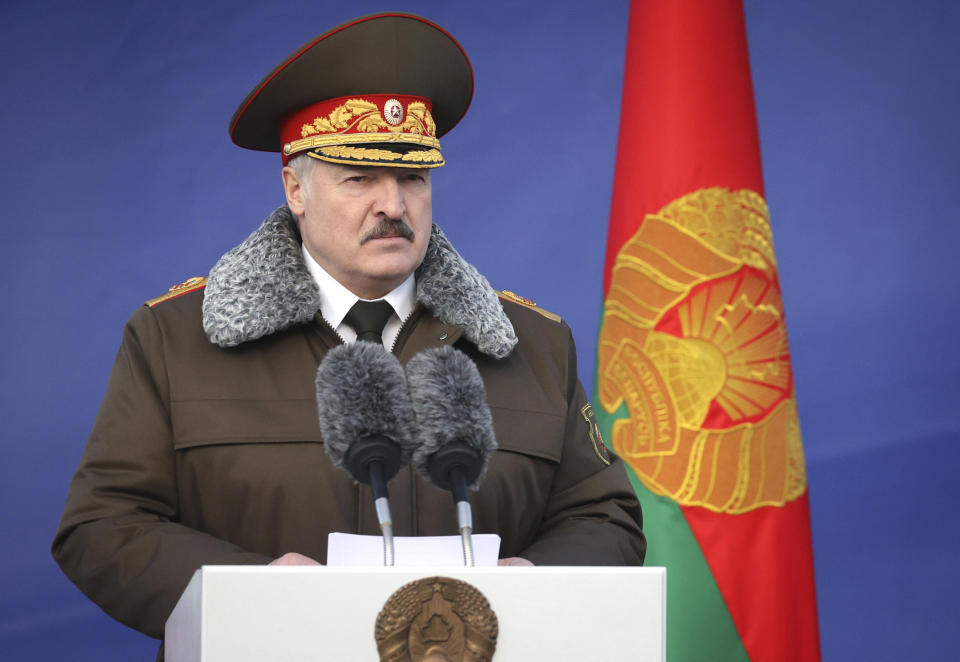 Belarusian President Alexander Lukashenko delivers his speech as he visits the Belarusian Interior Ministry special forces base in Minsk, Belarus, Wednesday, Dec. 30, 2020. (Maxim Guchek/BelTA Pool Photo via AP)