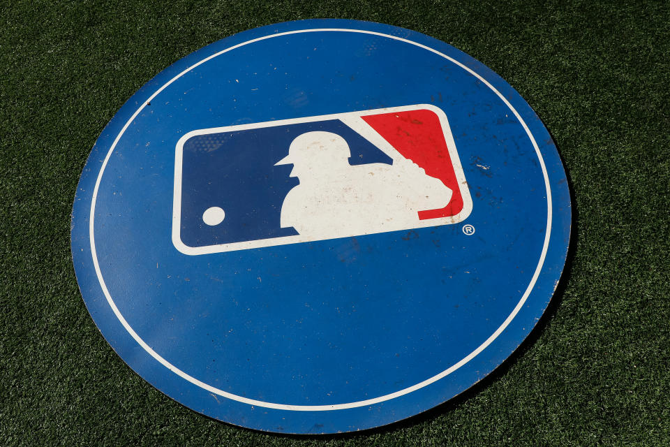 TORONTO, ON - JULY 31: General view of a Major League Baseball logo on a batting circle prior to a regular season game between the Baltimore Orioles and Toronto Blue Jays on July 31, 2023 at Rogers Centre in Toronto, ON. (Photo by Brandon Sloter/Icon Sportswire via Getty Images)