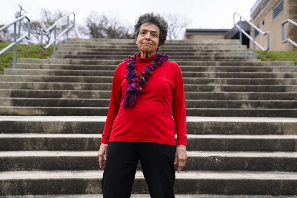 Ruth Kohake poses for a portrait outside of the Price Hill Public Library, Thursday, March 23, 2023, in Cincinnati. Kohake is among those caught up in the confusion over Ohio's strict new photo ID requirement. The retired nurse from Cincinnati gave up her driver’s license and her car in 2019. Now 82, she thought she might never have to step foot in another state license agency. (AP Photo/Jeff Dean)