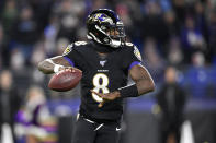 Baltimore Ravens quarterback Lamar Jackson throws a pass against the New York Jets during the first half of an NFL football game, Thursday, Dec. 12, 2019, in Baltimore. (AP Photo/Nick Wass)
