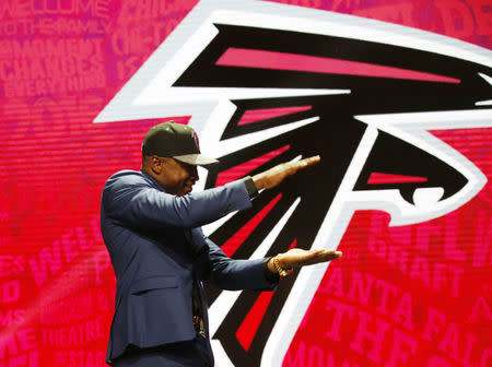 Apr 28, 2016; Chicago, IL, USA; Keanu Neal (Florida) is selected by the Atlanta Falcons as the number seventeen overall pick in the first round of the 2016 NFL Draft at Auditorium Theatre. Mandatory Credit: Kamil Krzaczynski-USA TODAY Sports / Reuters