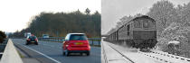 Then and now composite photo showing the Newbury A34 by-pass, the route of which follows the course of the old Didcot, Newbury and Southampton Railway (DN&SR) near Newbury, Berkshire