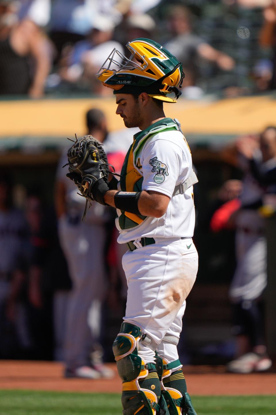 Jul 17, 2021; Oakland, California, USA;  Oakland Athletics catcher Aramis Garcia (37) reacts after Cleveland Indians right fielder Franmil Reyes (not pictured) hits a solo home run during the eighth inning against the Oakland Athletics at RingCentral Coliseum.  Mandatory Credit: Stan Szeto-USA TODAY Sports