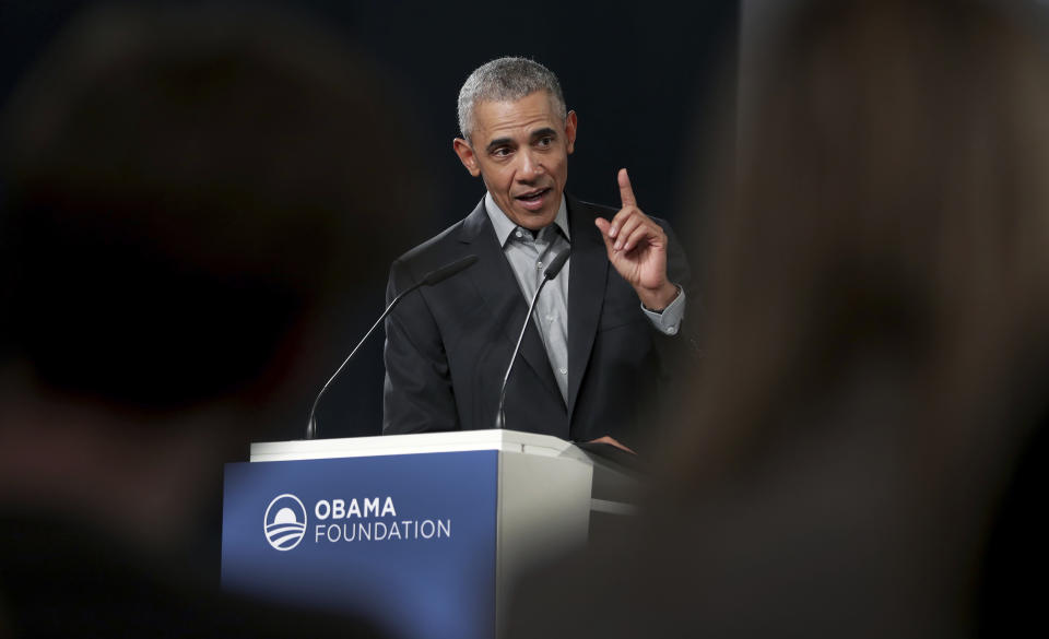 FILE - In this April 6, 2019, file photo former President Barack Obama gestures as he speaks during a town hall meeting at the 'European School For Management And Technology' (ESMT) in Berlin, Germany. On Saturday, May 16, 2020, Obama plans to speak during “Show Me Your Walk, HBCU Edition,” a two-hour livestreaming event for historically black colleges and universities broadcast on YouTube, Facebook and Twitter. (AP Photo/Michael Sohn, File)