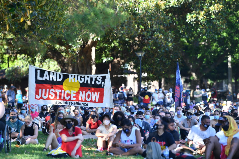 Indigenous and non-indigenous protesters during an Invasion Day rally in The Domain, Sydney. Source: AAP