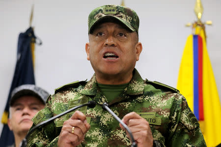 Commander of the Colombian Military Forces, General Luis Fernando Navarro speaks during a news conference, in Bogota, Colombia May 20, 2019. REUTERS/Luisa Gonzalez