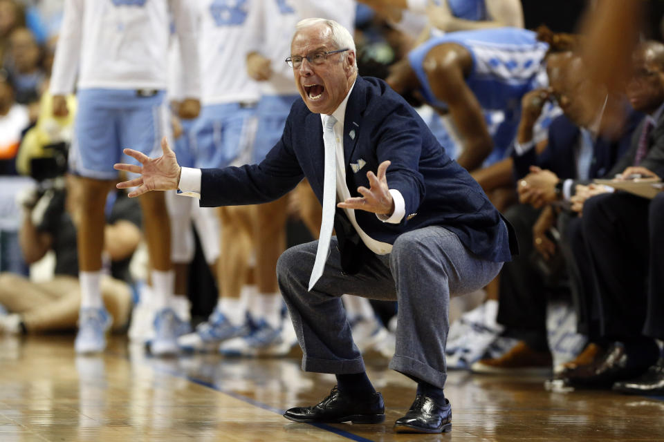 North Carolina head coach Roy Williams reacts during the second half of an NCAA college basketball game against Virginia Tech at the Atlantic Coast Conference tournament in Greensboro, N.C., Tuesday, March 10, 2020. (AP Photo/Ben McKeown)