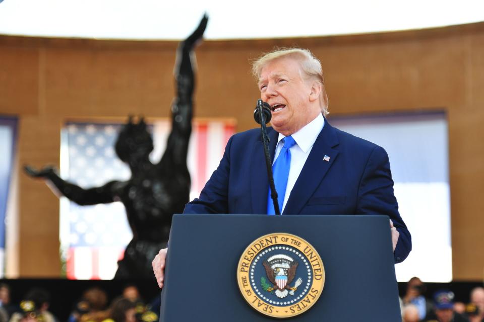 US President Donald Trump delivers a speech during a French-US ceremony at the Normandy American Cemetery and Memorial in Colleville-sur-Mer, Normandy, northwestern France, on June 6, 2019, as part of D-Day commemorations marking the 75th anniversary of the World War II Allied landings in Normandy. (Photo by MANDEL NGAN / AFP)        (Photo credit should read MANDEL NGAN/AFP/Getty Images)