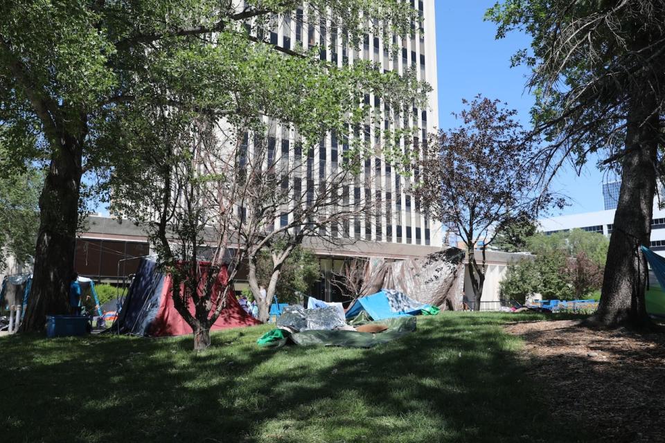 An homeless encampment has been established on the front lawn of Regina city hall.  