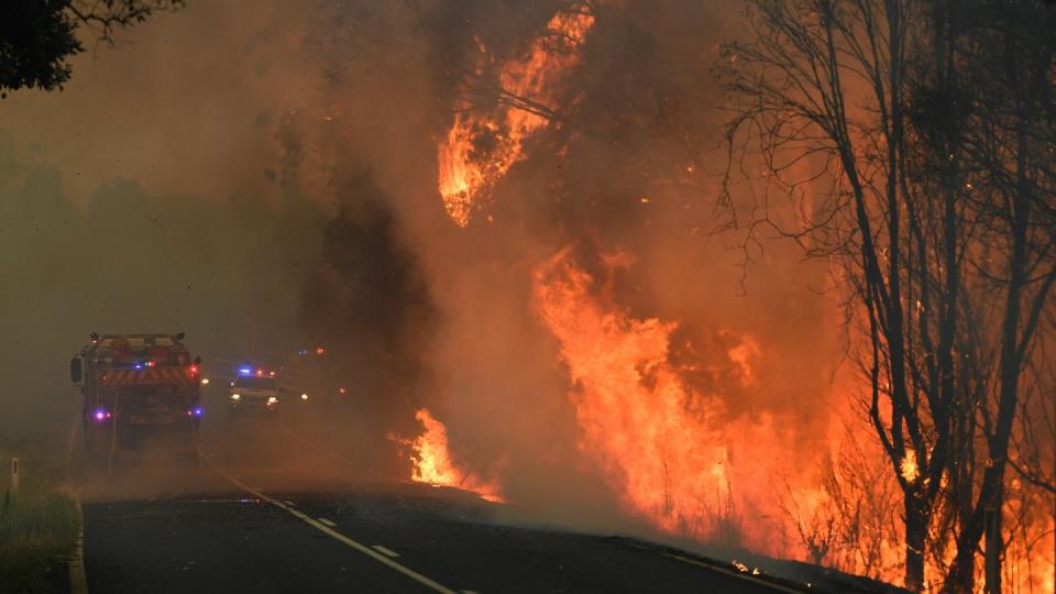 Feuerwehrleute kämpfen gegen die Buschfeuer in der Nähe von Coffs Harbour in Australien an.