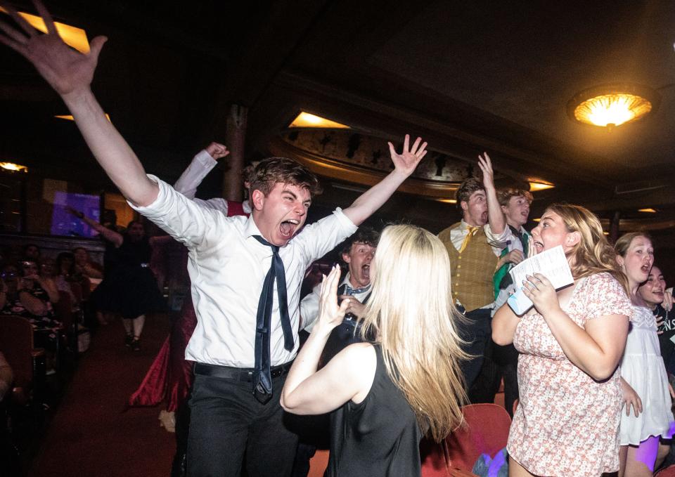 The cast and crew of Rye Neck High School production of "Anastasia" celebrate after winning the award for best overall production of a musical at the 2023 Metropolitan High School Theater Awards at the Tarrytown Music Hall June 12, 2023.