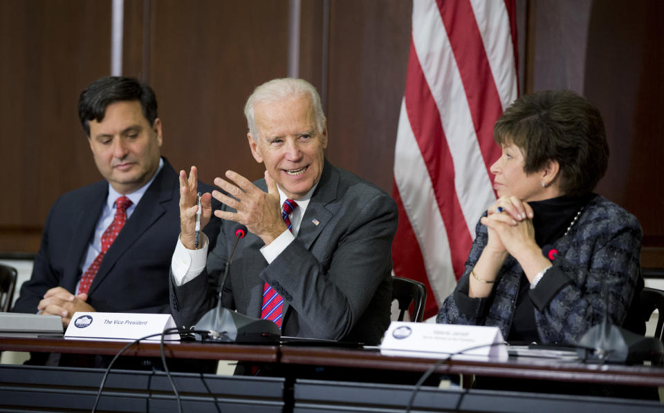 FILE - In this Nov. 13, 2014, file photo Vice President Joe Biden, with Ebola Response Coordinator Ron Klain, left, and White House Senior Adviser Valerie Jarrett, meets with faith and humanitarian groups as part of the administration's response to Ebola in the Eisenhower Executive Office Building on the White House compound in Washington. Klain is preparing to serve as President-elect Joe Biden’s chief of staff, a job often referred to as the nation’s chief operating officer. (AP Photo/Manuel Balce Ceneta, File)