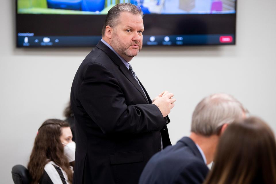 Attorney Brad Sproles during a hearing for Megan Boswell in Sullivan County Criminal Court at the Sullivan County Justice Center in Blountville, Tenn., on Thursday, April 7, 2022.