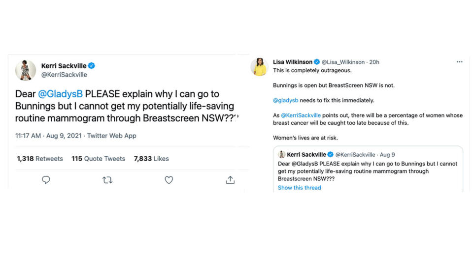 A screenshot of tweets demanding NSW Premier Gladys Berejiklian permit the service to open. Source: Twitter 