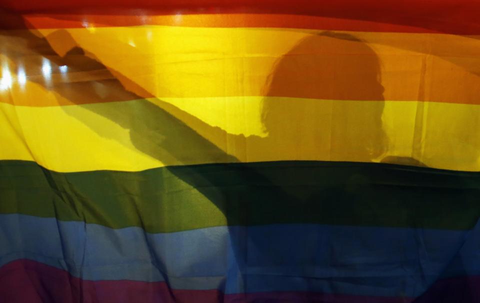 A gay rights activist holds a rainbow flag while marching in downtown Belgrade September 27, 2013. Serbia's government banned a weekend gay pride march for the third consecutive year on Friday, citing the threat of violence from right-wing hooligans, in a move that sparked protests by gay activists and criticism from the European Union. Around 200 gay activists waving rainbow flags and banners that read "This is Pride" gathered outside Prime Minister Ivica Dacic's government office before walking to parliament flanked by riot police. REUTERS/Marko Djurica (SERBIA - Tags: SOCIETY CIVIL UNREST POLITICS)