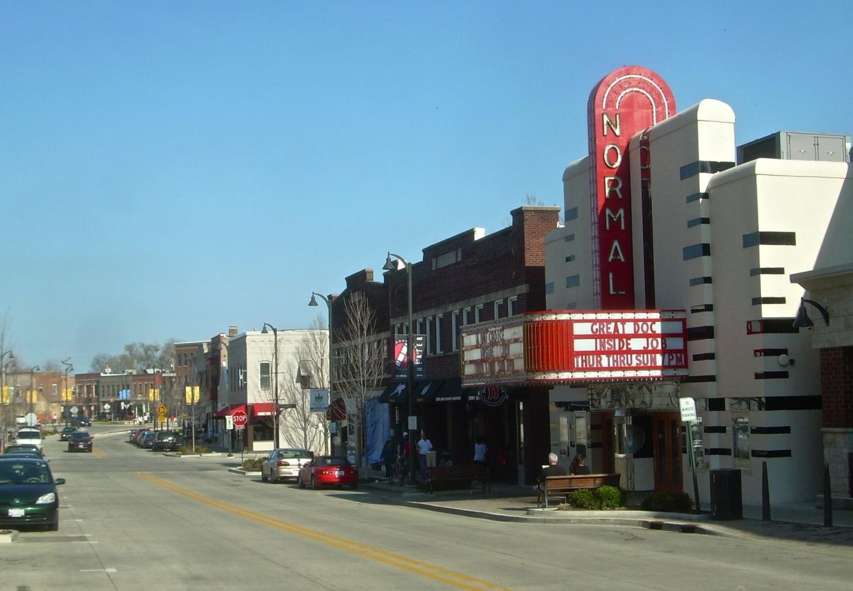 The town of Normal, Illinois looking east on North Street. The historic Normal Theater is in the foreground.