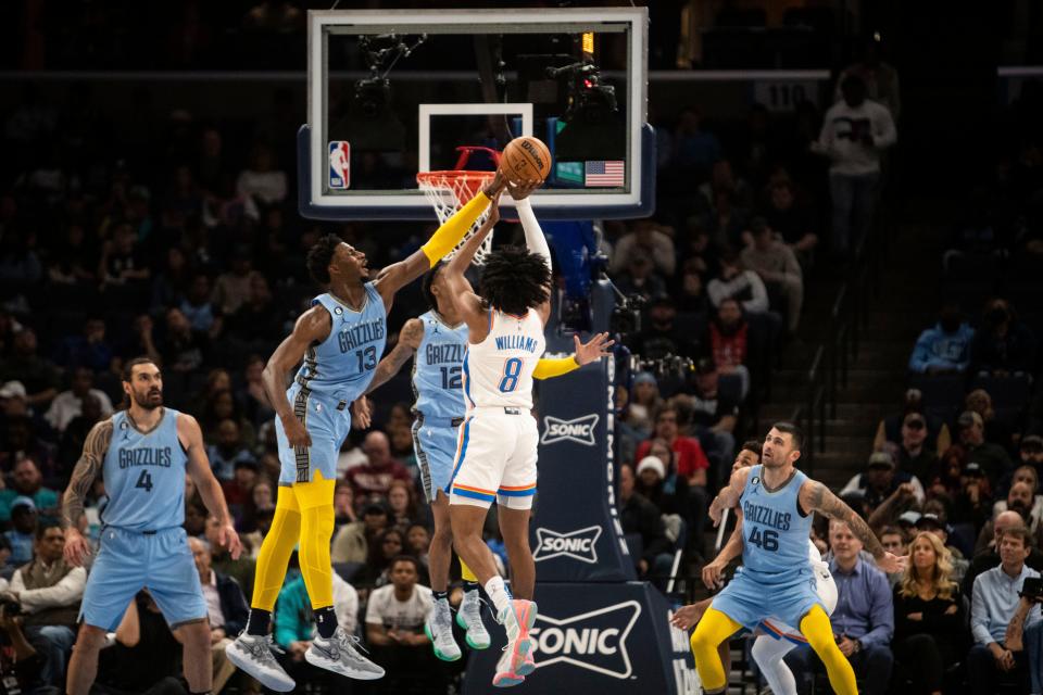 The Memphis Grizzlies forward Jaren Jackson Jr. (13) blocks the Oklahoma City Thunder’s Jalen Williams (8) shot attempt during a game at the Fedex Forum on Dec. 7, 2022 in Memphis. 