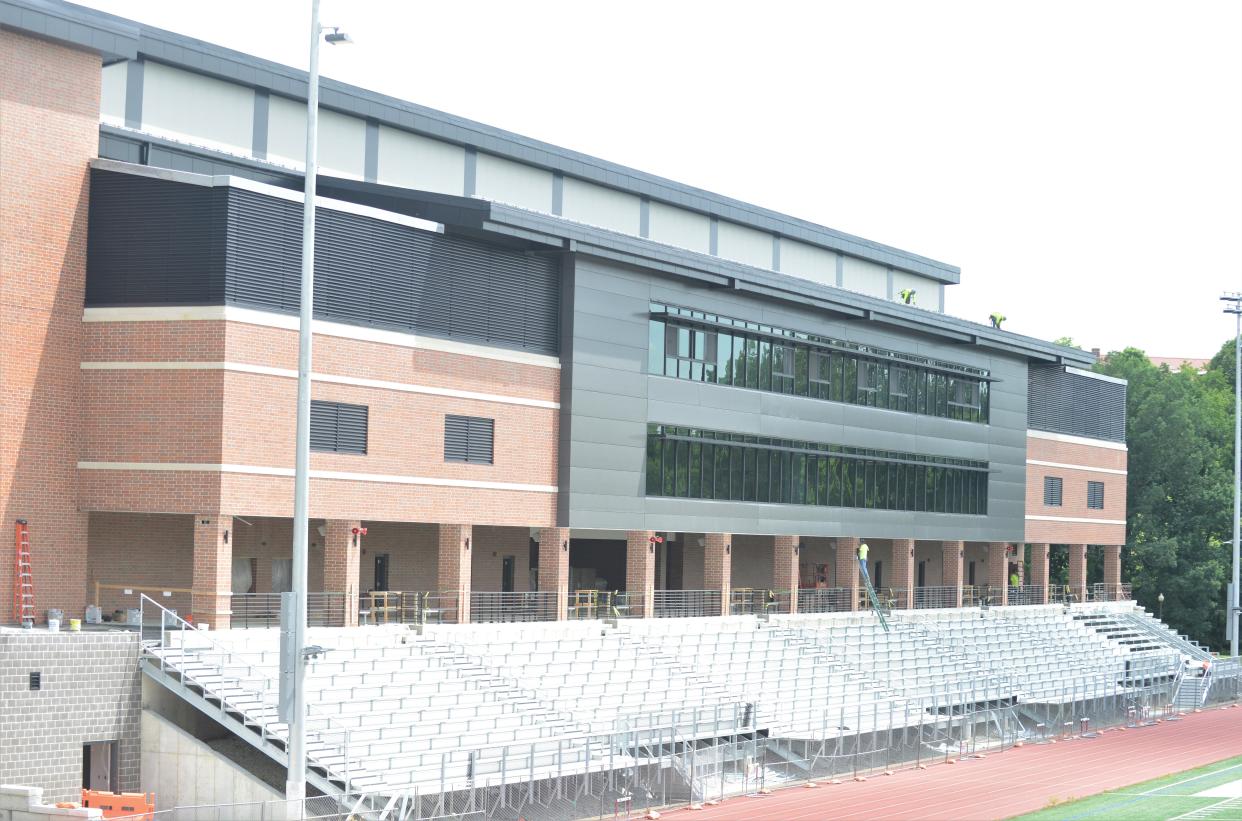The exterior of Muskingum University's Henry D. Bullock Health and Wellness Complex, which is set to open in August. The stadium will be able to sit up to 2,000 on the new bleachers.