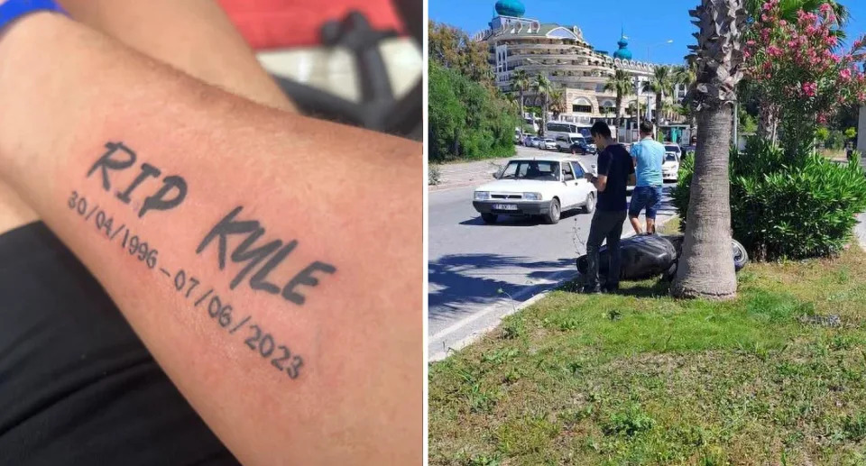 Left, Cal Junior took a picture of his new tattoo which reads &#39;RIP Kyle&#39; followed by his date of birth and death. Right, the crash site where Kyle died in his best friend&#39;s arms.