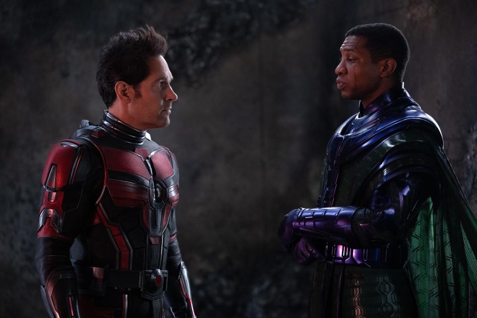 Scott Lang (Paul Rudd, left) meets Kang the Conqueror (Jonathan Majors) in Marvel's "Ant-Man and the Wasp: Quantumania."