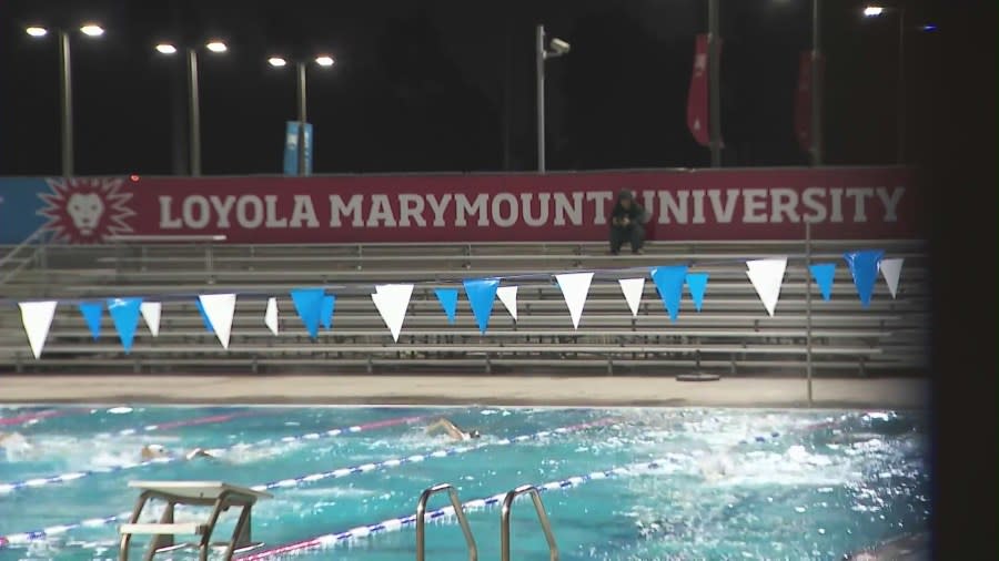 Swimmers practicing in the pool at Loyola Marymount University. (KTLA)