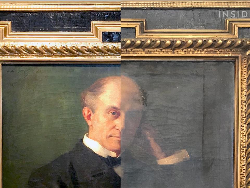 A before and after of a restored painting.