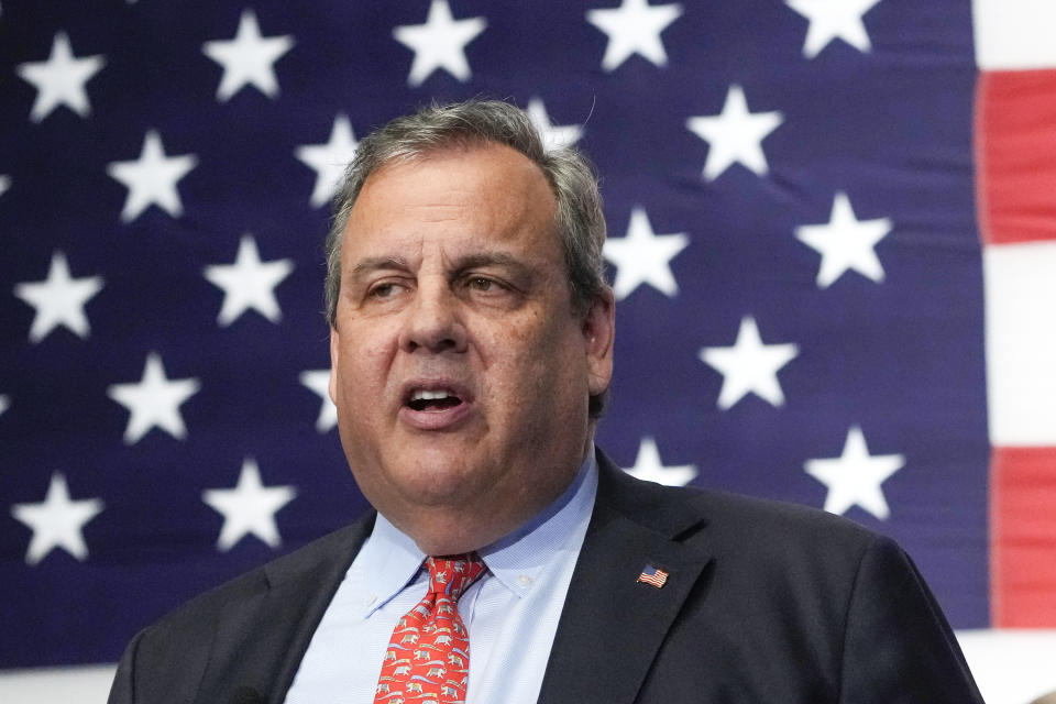 FILE - Republican presidential candidate former New Jersey Gov. Chris Christie speaks during a gathering, June 6, 2023, in Manchester, N.H. Joe Lieberman served as No Labels' chief public defender when the critics got the loudest. The centrist group he helped create ignited a political firestorm over the last year by working to recruit a third-party presidential campaign that some feared might tilt the 2024 election in Donald Trump’s favor. Now, Lieberman is gone. His death marks an irreplaceable loss for No Labels. (AP Photo/Charles Krupa, File)