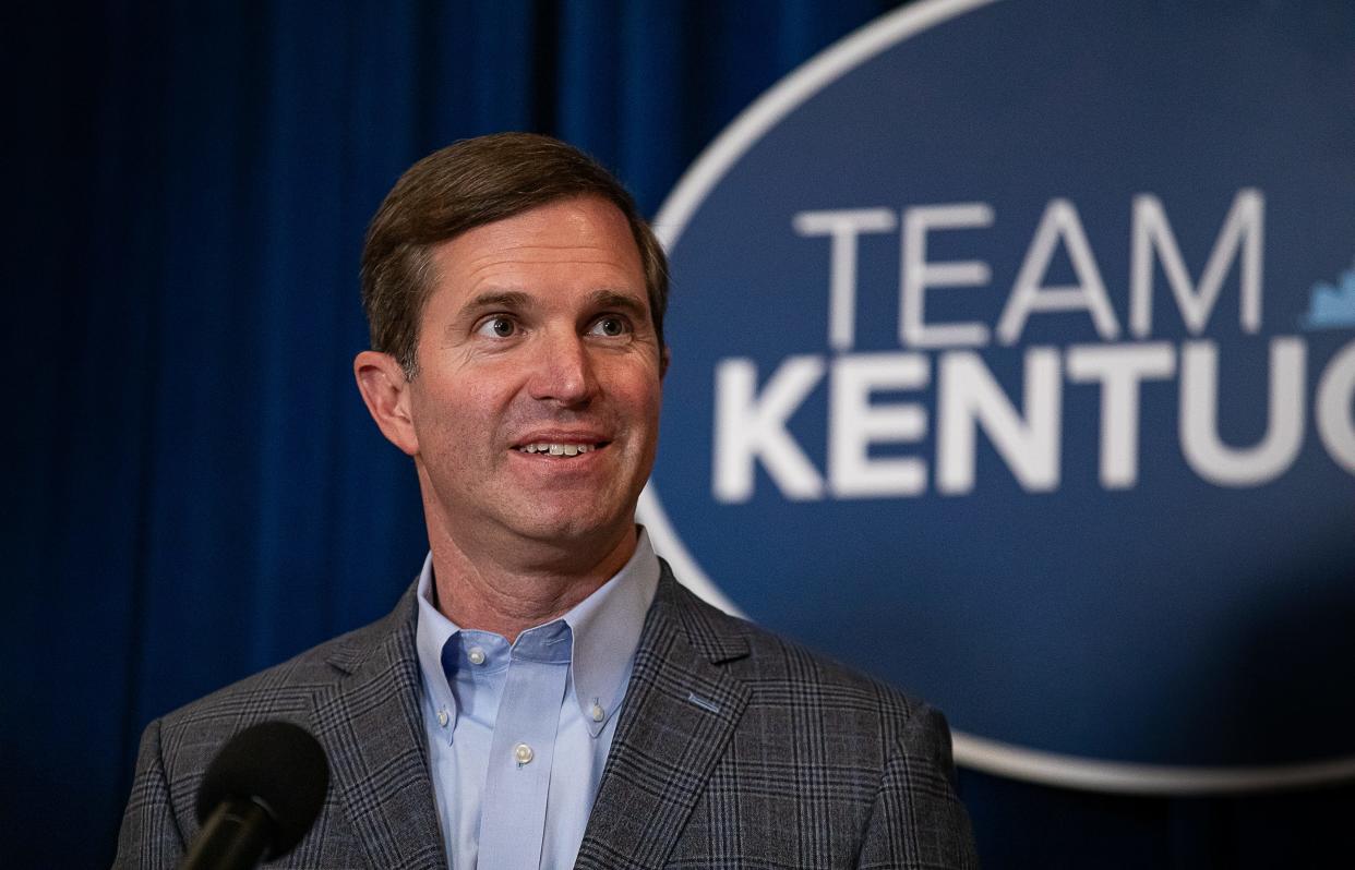 Gov. Andy Beshear spoke to the media in the aftermath of his election win over Daniel Cameron on Wednesday afternoon, Nov. 8, 2023.