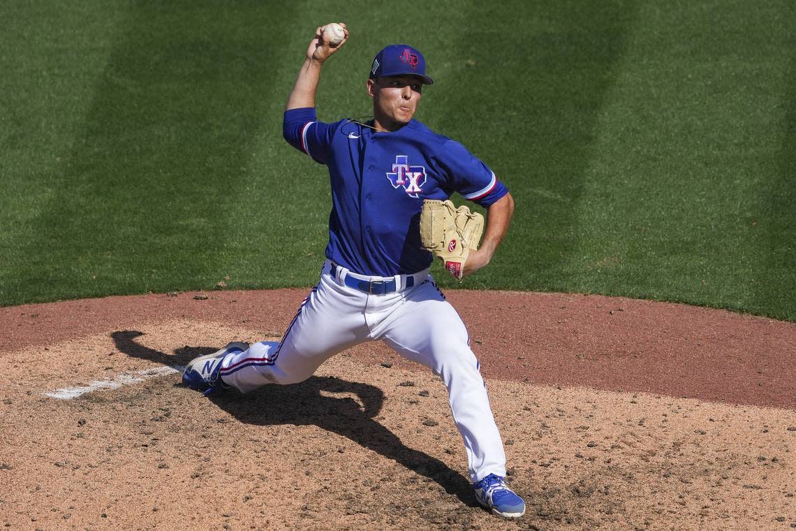 Texas Rangers pitcher Jack Leiter delivers during the seventh inning of a spring training game against the Kansas City Royals at Surprise Stadium on Friday, March 18, 2022, in Surprise, Arizona. 