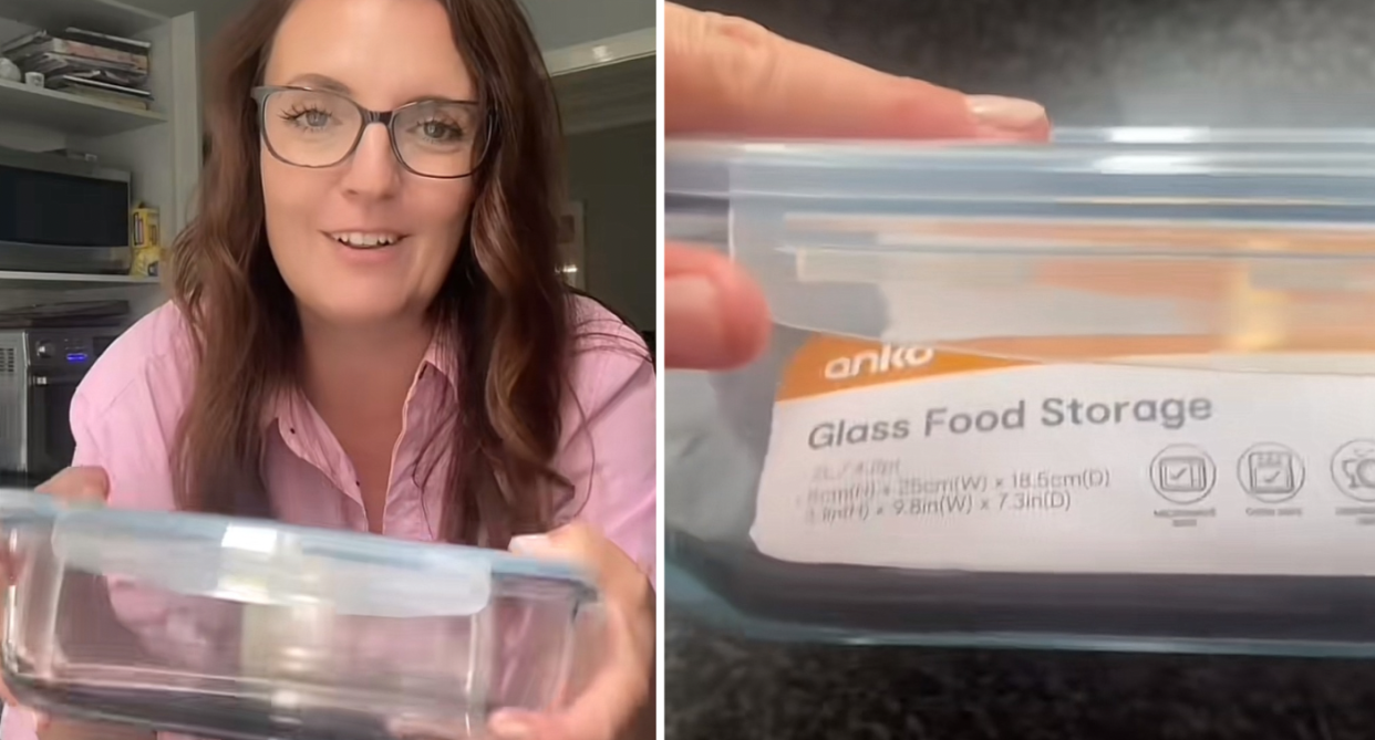 Tara Louise holding the container (left) and the container label shown up close (right).