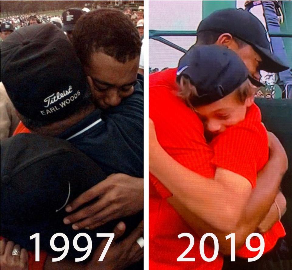 On the left, Tiger Woods hugs his father after winning the Masters in 1997. On the right, Tiger Woods hugs his son, Charlie, after winning the Masters in 2019. (CBS)