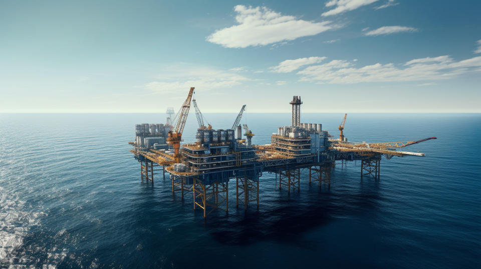 A bird's-eye view of an oil & gas midstream platform in the Gulf of Mexico on a clear day.