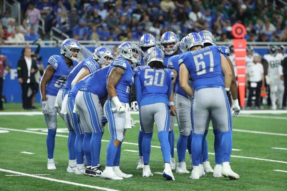 Detroit Lions quarterback Teddy Bridgewater runs the offense from the huddle against the Jacksonville Jaguars during the first quarter of a preseason game at Ford Field, Saturday, August 19, 2023.