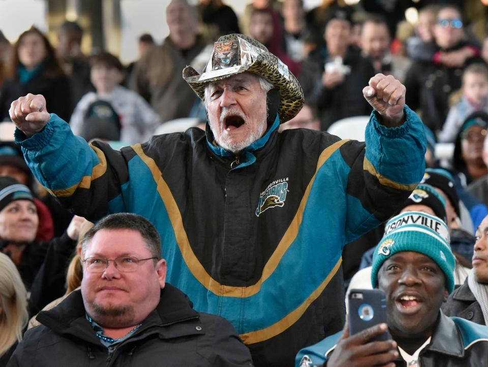 Jaguars fan Richard Jenkins gets fired up during the Bills Bustin' Bash pep rally Friday, January 5, 2018 at Daily's Place in Jacksonville, Florida. Mayor Lenny Curry, Jaguars alumni players, mascot Jaxson de Ville, the D-Line drum line, and owner Shad Khan participated. (Will Dickey/Florida Times-Union)  