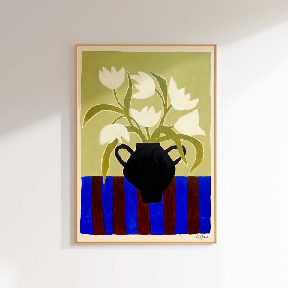 Flowers and Stripes art print by Carla Llanos hanging on a wall