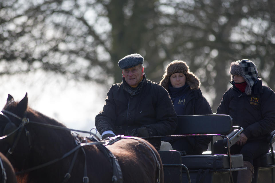 The Duke of Edinburgh goes carriage driving on the Long Walk at Windsor Castle, Berkshire.